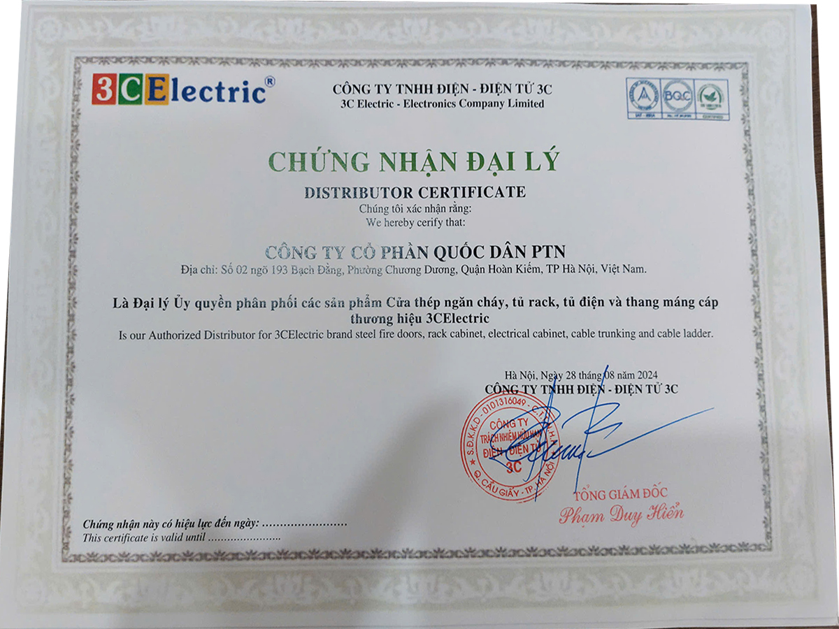 Giấy chứng nhận PTN là đại lý chính thức của 3C Electric Giấy chứng nhận đại lý chính thức của 3C Electric